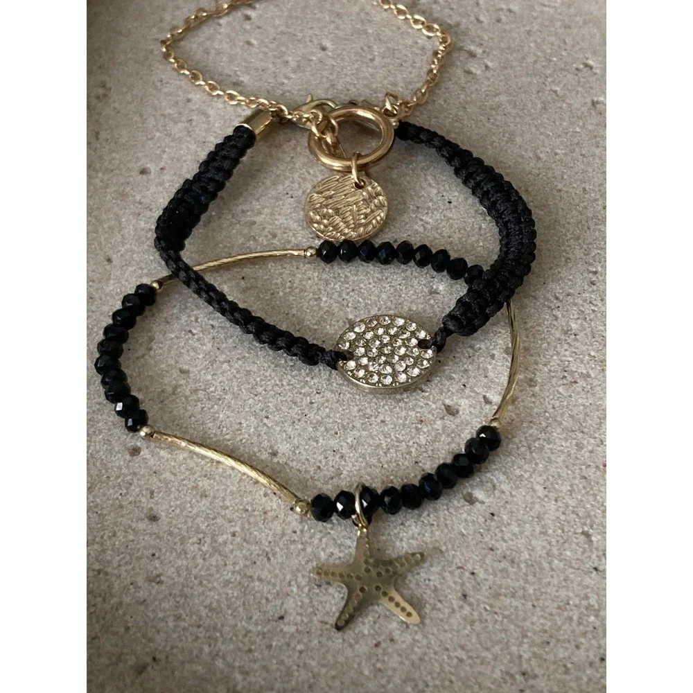 Gold Tone Black Beaded Starfish Bracelet Set Of 3 Rhinestone Charm Layered